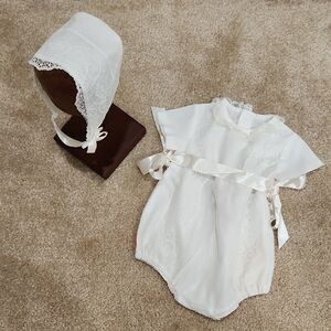Spanish White Lace Baby Romper and Bonnet Set Size 6 Months